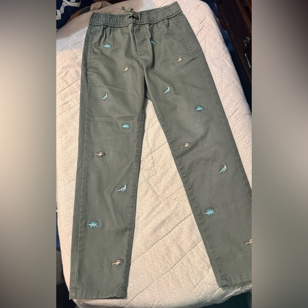 Olive Green Pants with Dinosaur Embroidery